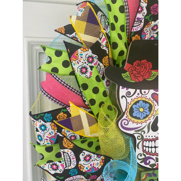 Day of the Dead Sugar Skull Los Dias De Los Muertes Halloween Wreath Sign Decor - Picture 6 of 9